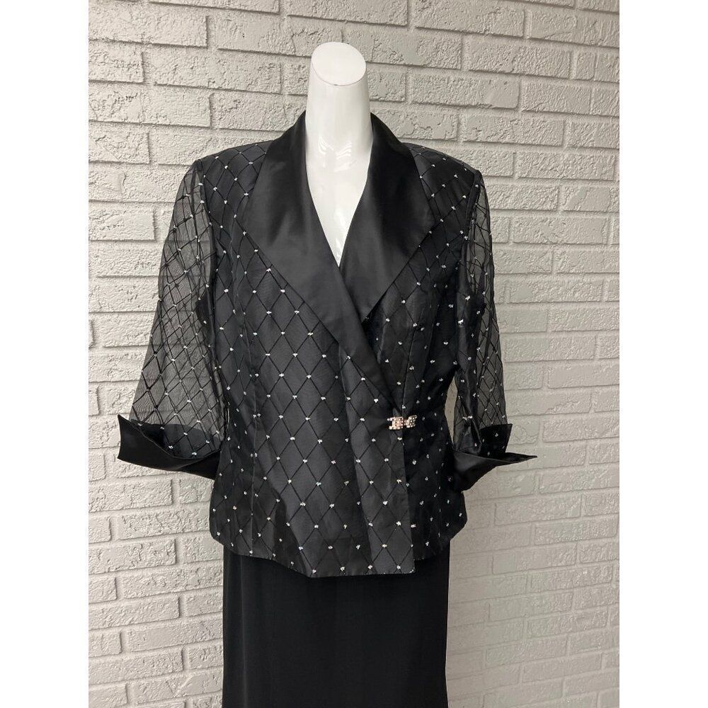 R&M Richards Women Black Satin Sequin Sheer Jacket Top Size 16
